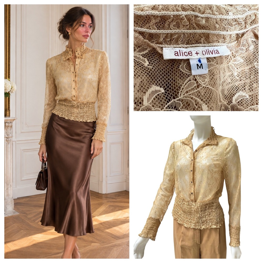 Alice + Olivia Beige Sheer Floral Lace Smocked Blouse Mock
Neck Sz M Victorian